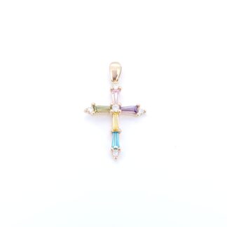Dije Cruz Con Zirconias De Colores En Oro De 14k