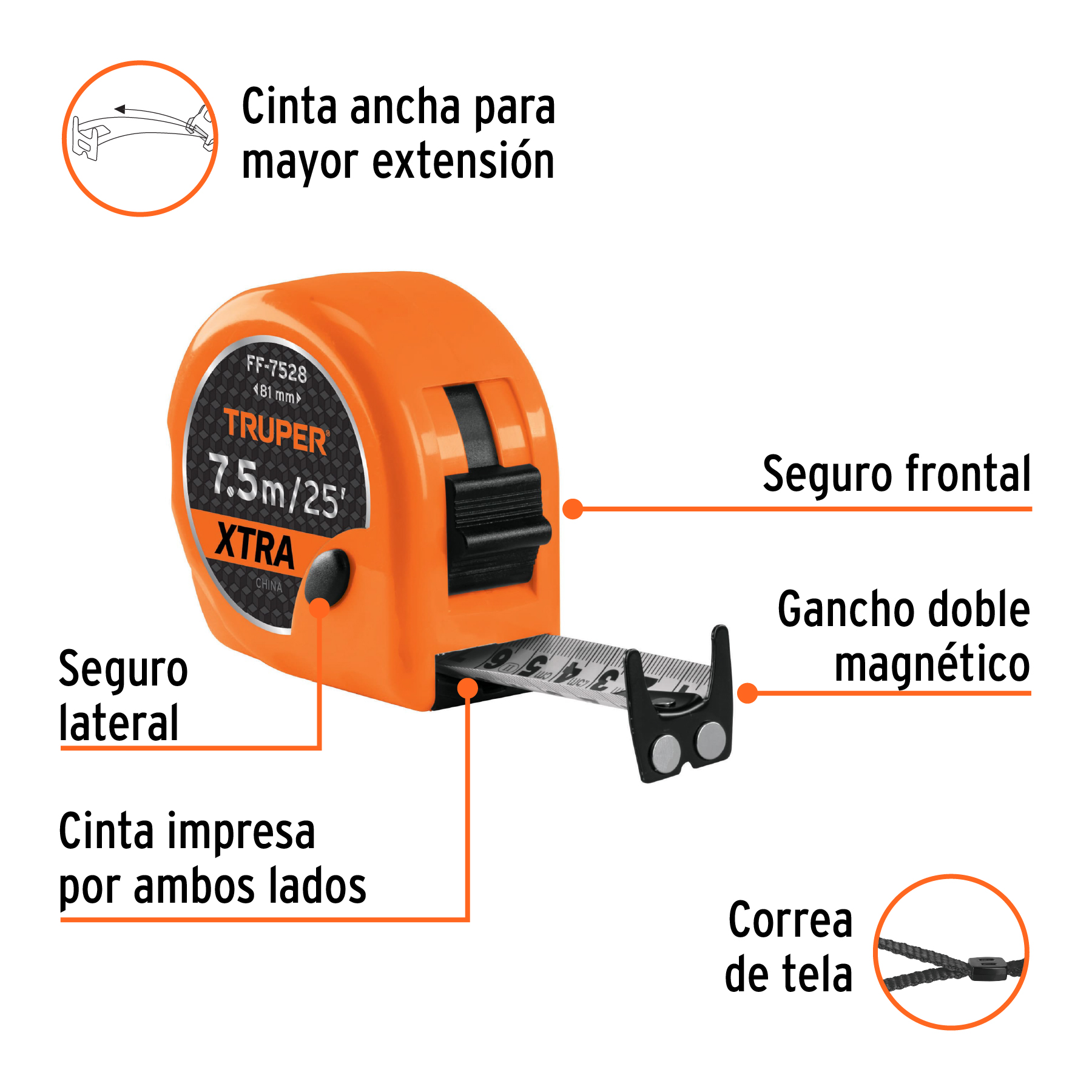 Flexómetro XTRA 7.5 m cinta extra ancha 28 mm, Truper - Image 2