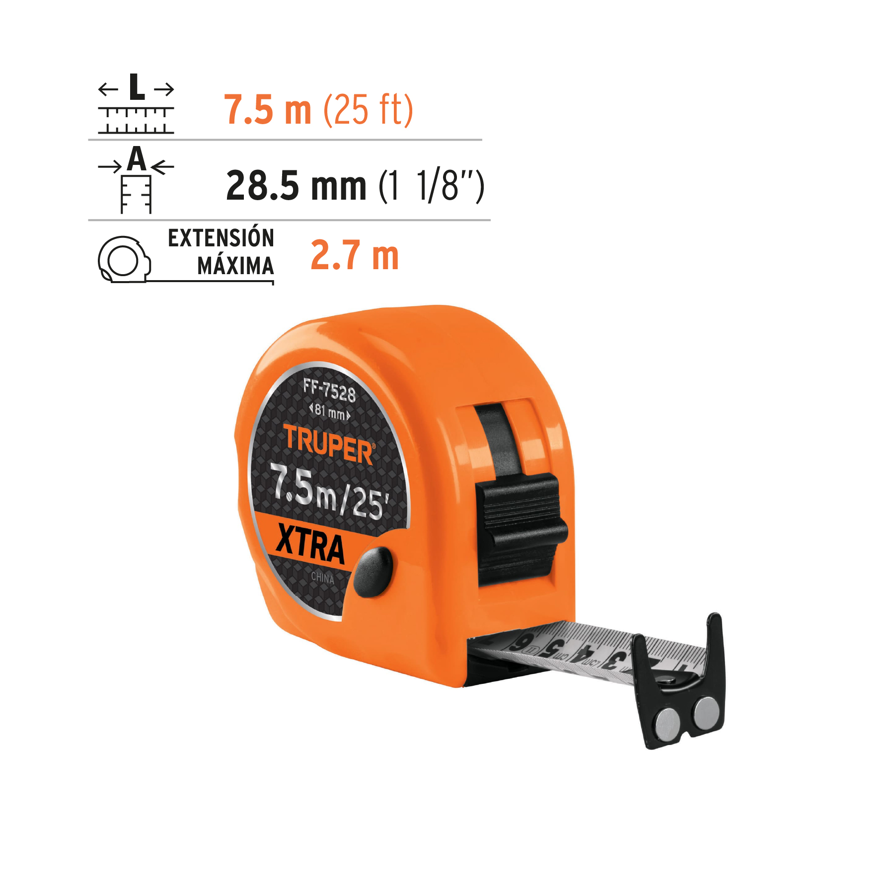 Flexómetro XTRA 7.5 m cinta extra ancha 28 mm, Truper - Image 3