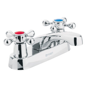 Mezcladora 4′ para lavabo, nariz larga, manerales cruceta