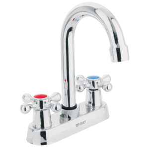 Mezcladora 4′ para lavabo, cuello bar, manerales cruceta