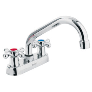Mezcladora 4′ para lavabo, cuello tubular, manerales cruceta