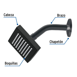 Regadera cuadrada ABS 4' acabado negro mate con brazo, Foset