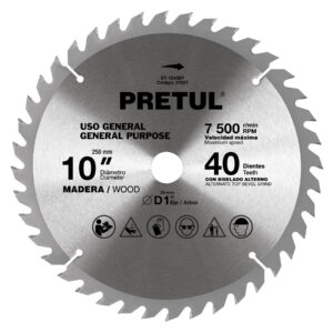 Disco sierra 10′ para madera, 40 dientes centro 1′, Pretul