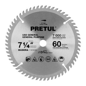 Disco sierra 7-1/4′ p/madera, 60 dientes centro 5/8′, Pretul
