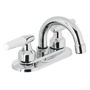 Mezcladora 4′ para lavabo, cuello curvo, manerales cono