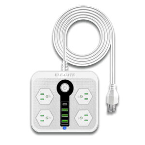 Multicontacto de Alimentación Universal – 4 Clavijas, 3 Puertos USB y 1 Puerto Tipo C para Carga Rápida y Segura