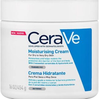 CeraVe Crema Hidratante Diaria para Rostro y Cuerpo, Piel Seca a Muy Seca, Hidratación por 24 Horas, con Ceramidas Esenciales y Ácido Hialurónico, 454 g